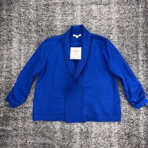NEW 89th + Madison Women's Cardigan Medium Blue Open Front Ruched Sleeve Knit